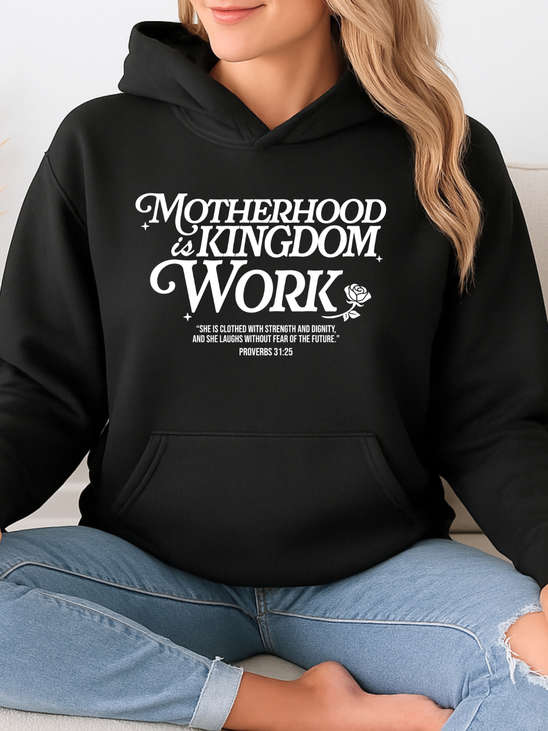 Motherhood is Kingdom Work DTF on black hoodie