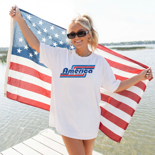 Retro America 250 years white tee shirt with vintage design.