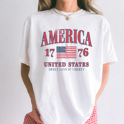 Distressed vintage America 1776 design on crewneck t- shirt