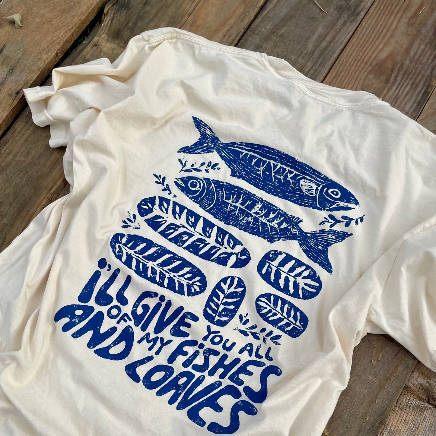 Ivory Comfort Colors tee with Navy Fishes and Loaves design