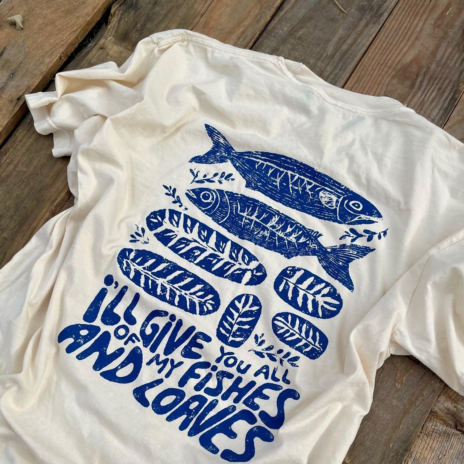 Ivory Comfort Colors tee with Navy Fishes and Loaves design