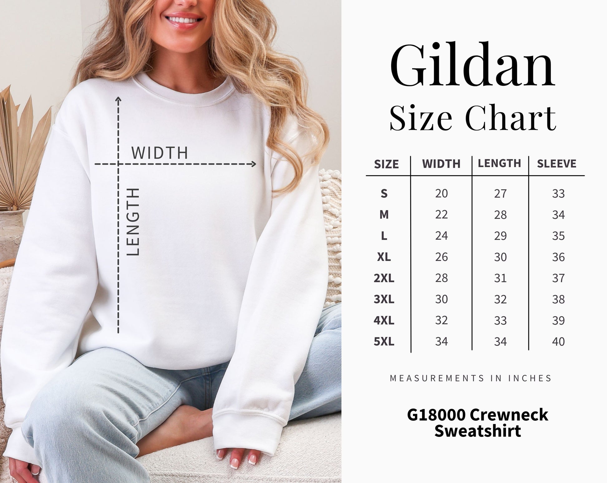 Size Chart for Gildan Crewneck Sweatshirts