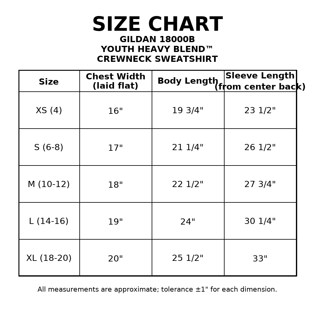 Size chart for Gildan 18000B Youth Heavy Blend Crewneck Sweatshirt on a white background