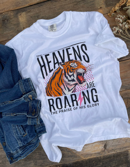 White t-shirt with Heavens are Roaring and a tiger printed on the front