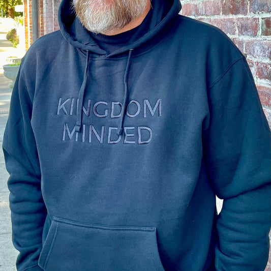Kingdom minded embroidered in black on black hoodie
