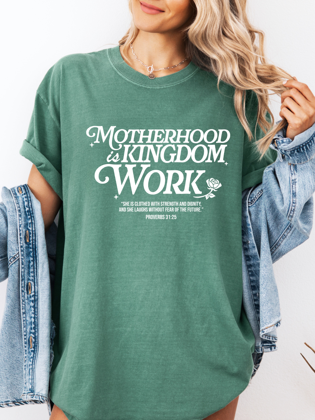 Motherhood is Kingdom Work DTF on green comfort colors t-shirt