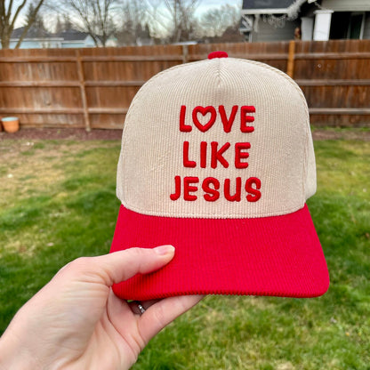3D puff Love Like Jesus Hat on red/natural corduroy