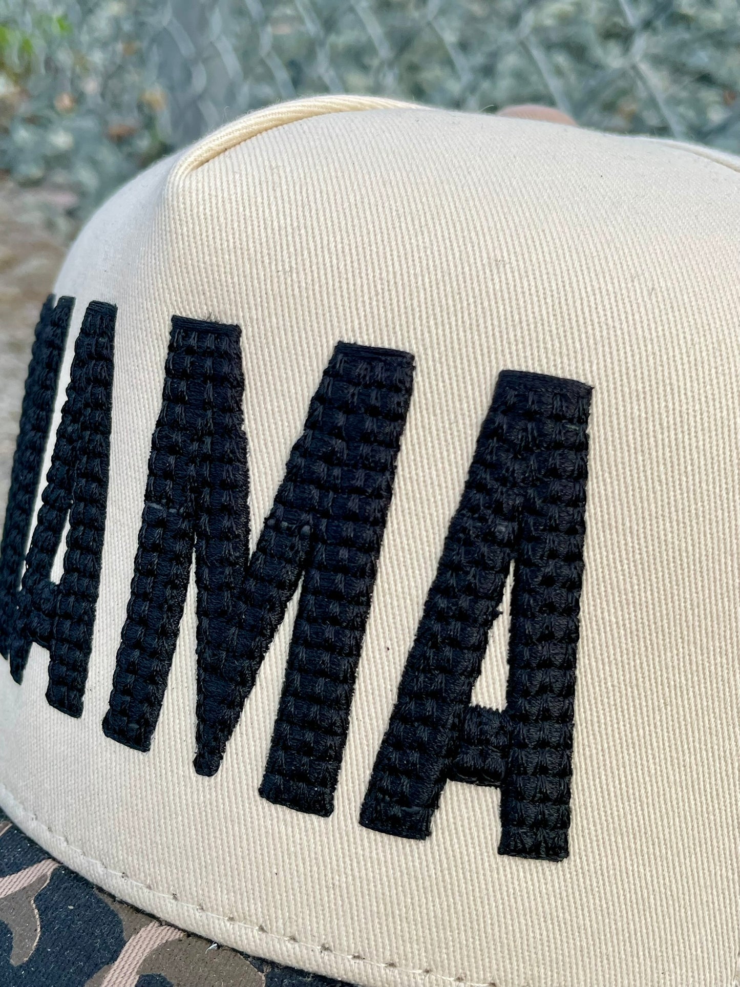 Mama embroidered hat close up