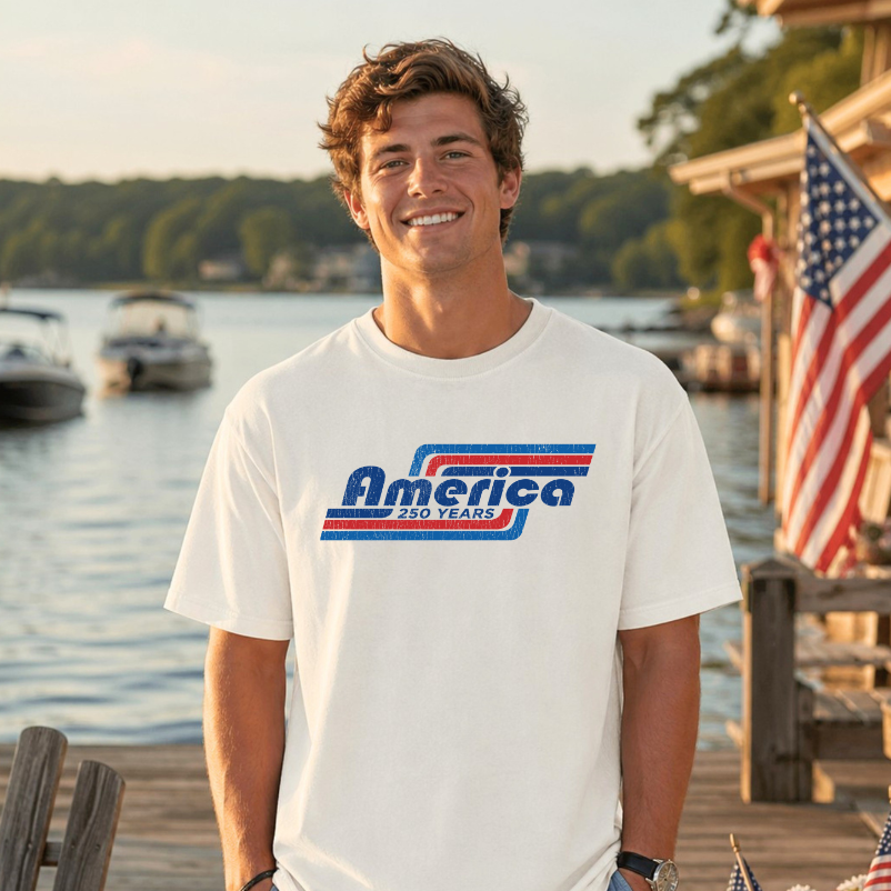 Retro America 250 years white tee shirt with vintage design.