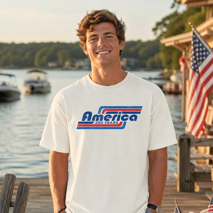 Retro America 250 years white tee shirt with vintage design.