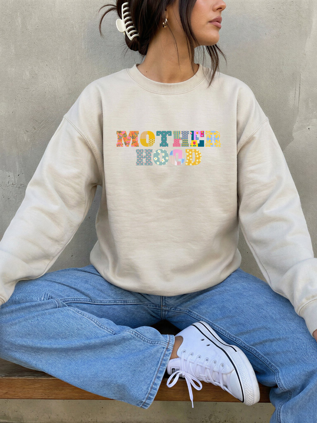 Ivory crewneck with Motherhood DTF quilted design
