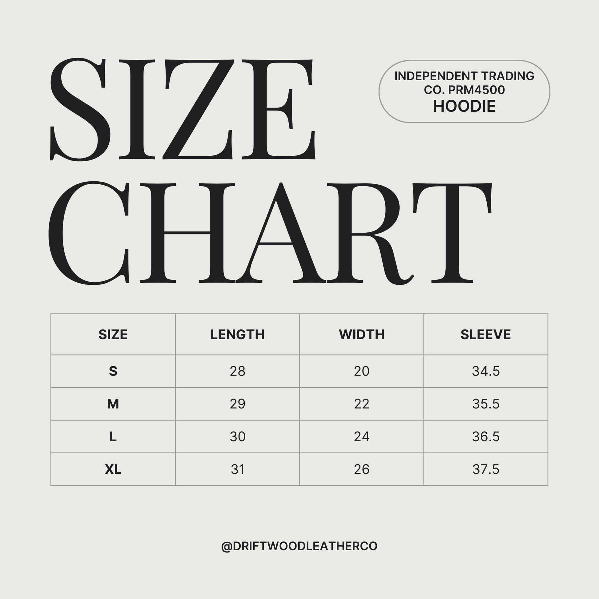 Size chart for a hoodie with dimensions in centimeters on a light gray background.
