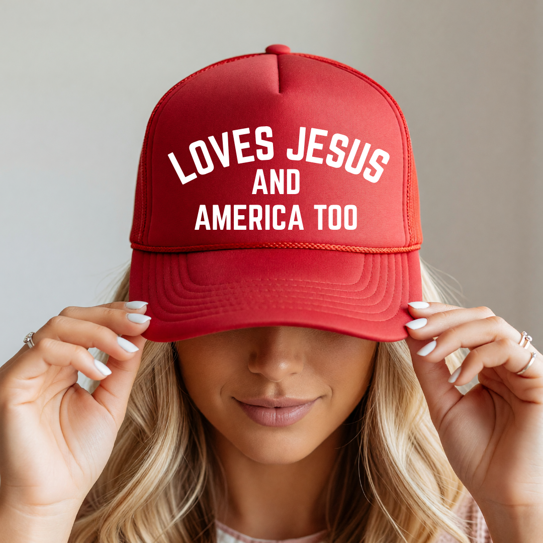 Red foam Otto hat with Loves Jesus and America too