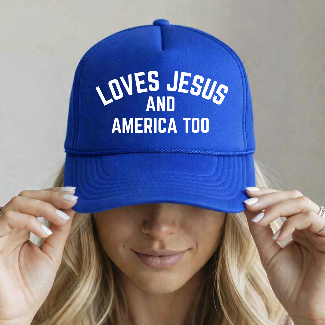 Royal blue foam Otto hat with Loves Jesus and America too