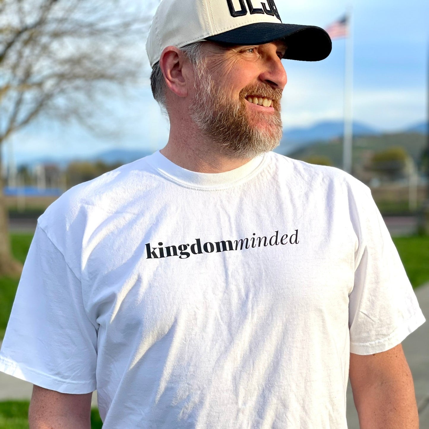 White t-shirt with kingdom minded on front