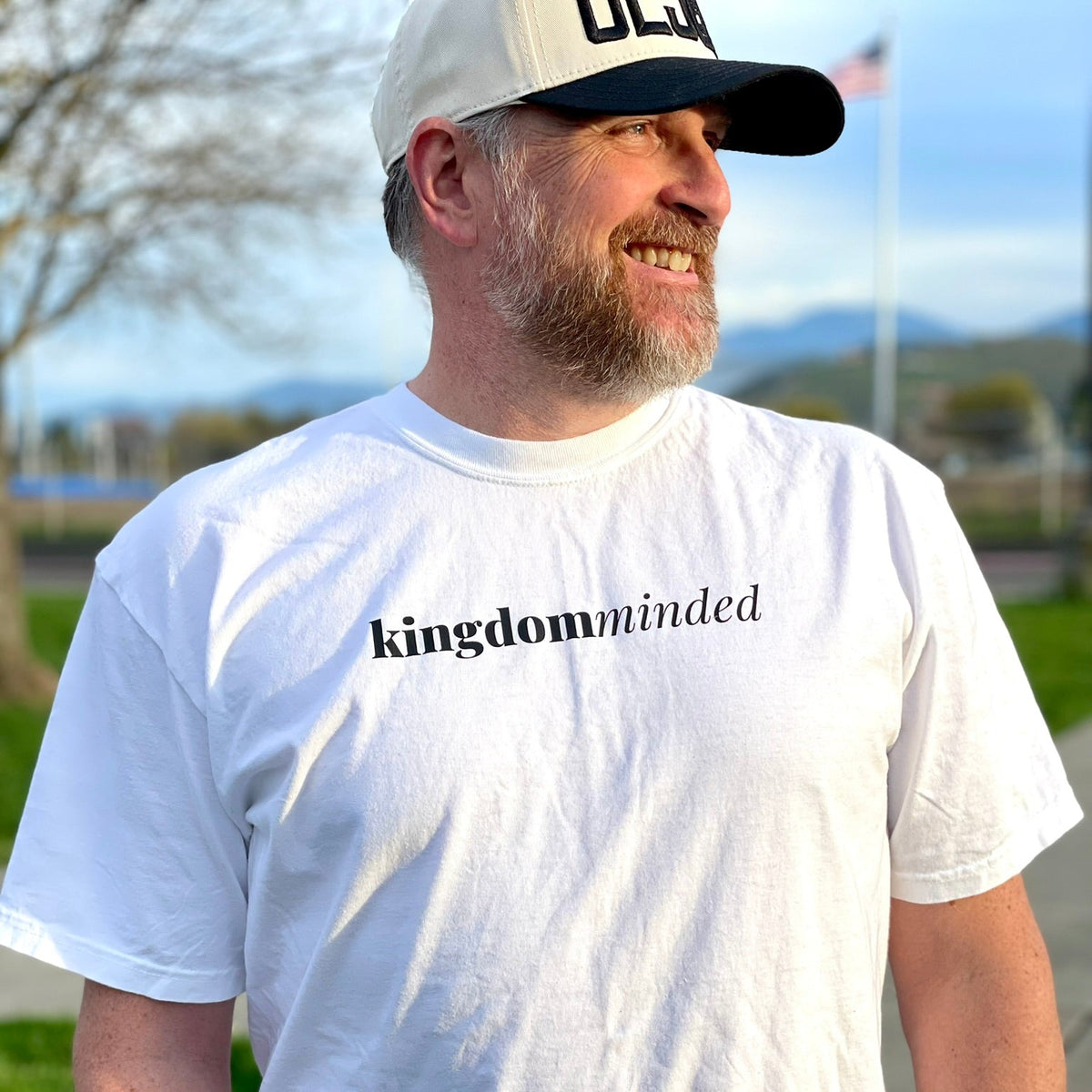 White t-shirt with kingdom minded on front