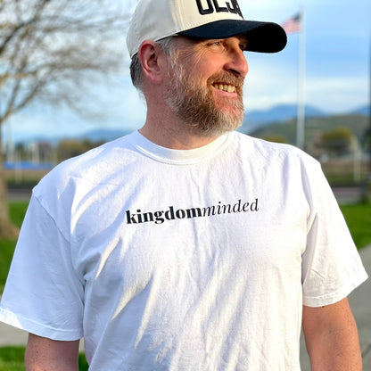 White t-shirt with kingdom minded on front